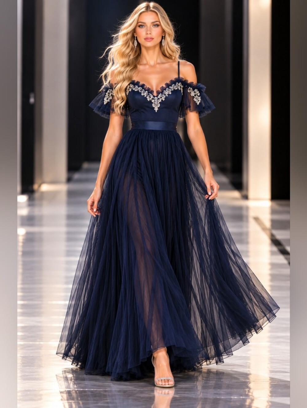 Maya Petite Navy Blue Embellished Tulle Maxi Prom Dress US 8